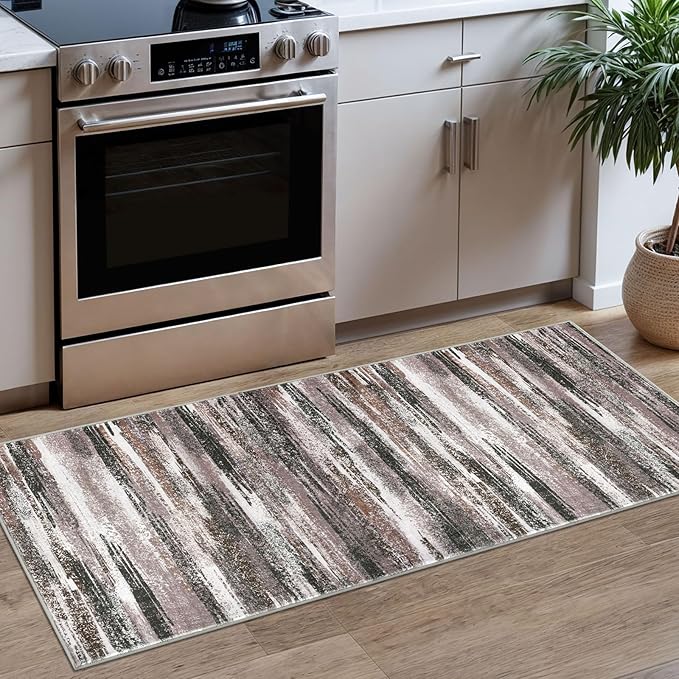 Modern Abstract Runner Rug 2x5, Dark Light Brown White Washable Kitchen Runner by lansny