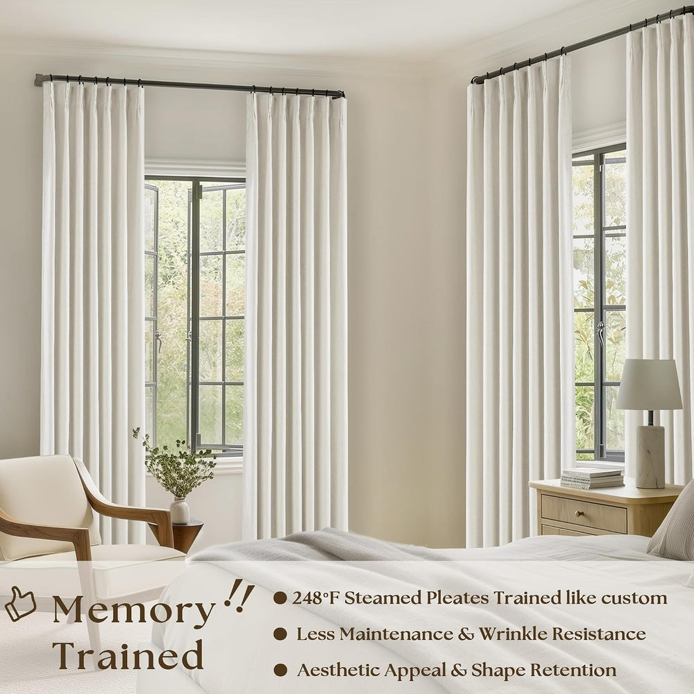 90 Inch Pinch Pleated Linen 100% Blackout Curtains 2 Panels Cream Natural