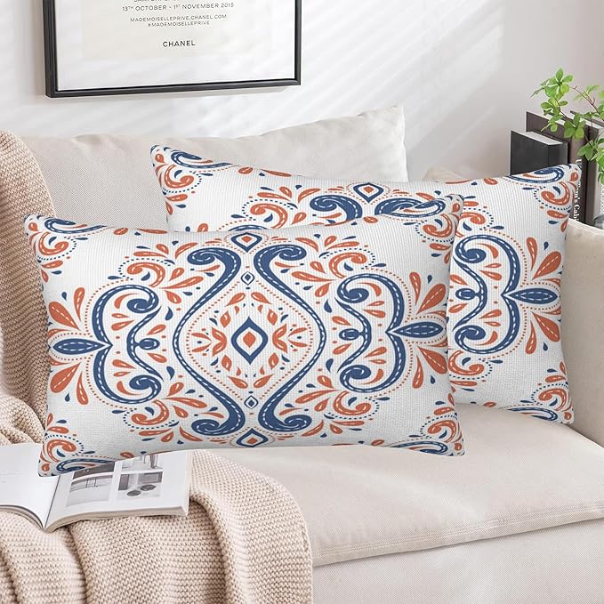 Throw Pillow Covers Blue and Orange Floral Pillow Covers 20x12 Inch Set of 2 - Image 5