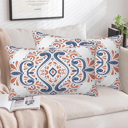 Throw Pillow Covers Blue and Orange Floral Pillow Covers 20x12 Inch Set of 2 - Image 5