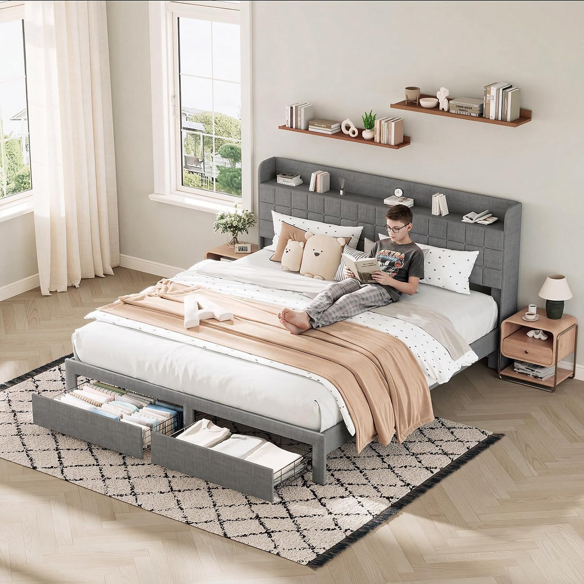 dumos king bed frame, upholstered platform bed frame, front angle view