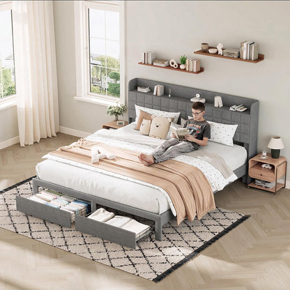 dumos king bed frame, upholstered platform bed frame, front angle view