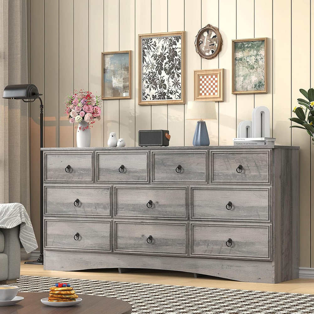 VVFLU 63”W Dressers for Bedroom, Grey Dresser with 10 Deep Drawer, Long Dress...