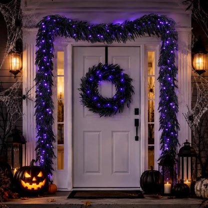 N&T NIETING 9FT Black Halloween Pre-Lit Garland with 70 LED Lights Real Touch Artificial Norfolk Pine Garlands for Table Fireplace Holiday Indoor Outdoor Halloween Decorations (1 Pcs)