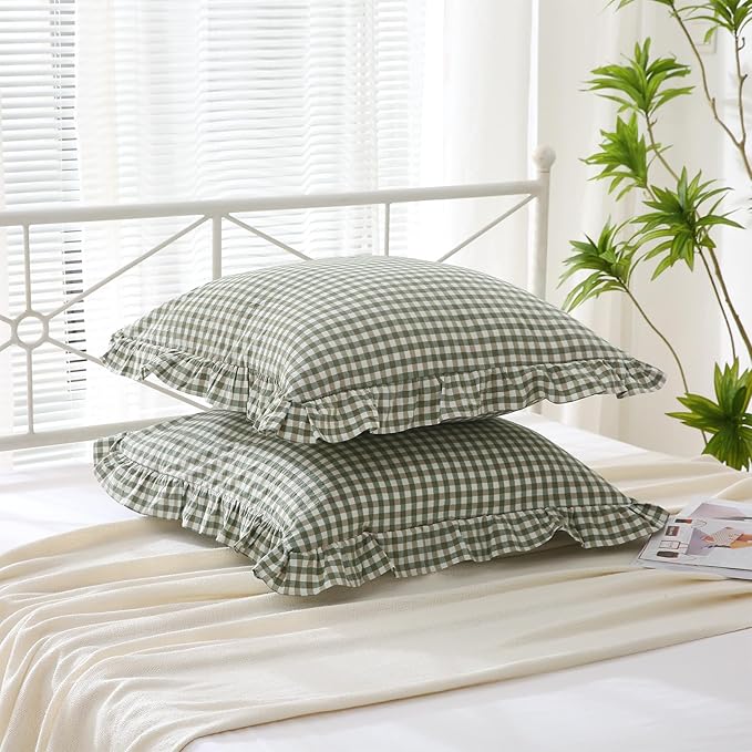 2 Pack Sage Green Plaid Ruffle Gingham Euro Shams Pillow Covers, 100% Washed - Image 3