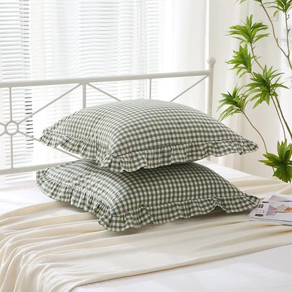 2 Pack Sage Green White Plaid Euro Ruffle Throw Pillow Covers, 100% Washed - Image 3