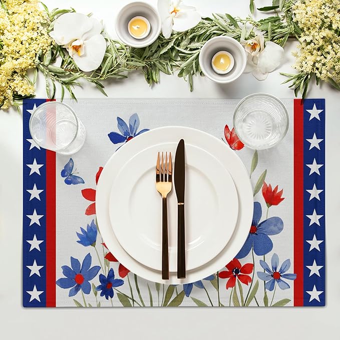 Giwawa 4th of July Placemats Set of 4 Watercolor Patriotic Flowers Stars Table - Image 2