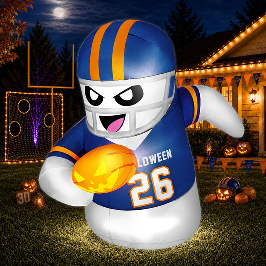 5FT Halloween Inflatables Decorations Outdoor Football Player Ghost Built-in Full-Body Bright LEDs Cute Halloween Blow Up Yard Decoration with Pumpkin Sports-Themed Blowups Lawn for Party