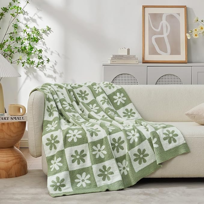 Snuggle Sac Checkered Blanket, Sage Green Flower Throw Blanket - Image 3
