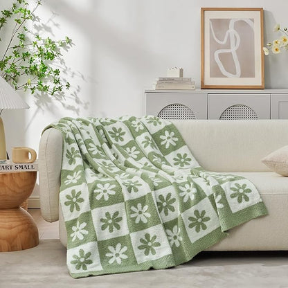 Snuggle Sac Checkered Blanket, Sage Green Flower Throw Blanket - Image 3
