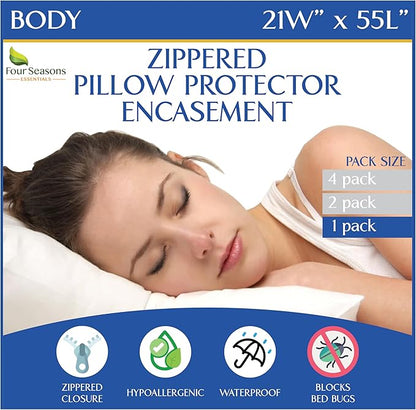 Body Size Pillow Protector 21" W x 55" L – Waterproof Zippered Pillow Cover by FourSeasonsEssentials
