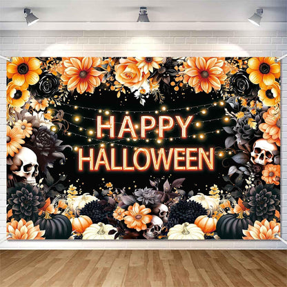 8x6ft Floral Happy Halloween Backdrop Spooky Flower Skull Photography Background Large Black Orange Halloween Party Decorations Wall Banner Indoor Outdoor Photo Booth Props