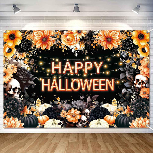 8x6ft Floral Happy Halloween Backdrop Spooky Flower Skull Photography Background Large Black Orange Halloween Party Decorations Wall Banner Indoor Outdoor Photo Booth Props