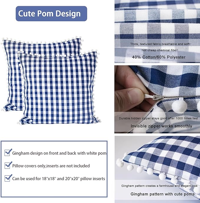 HOPLEE Farmhouse Gingham Pillow Covers Navy Blue Pillow Covers 18x18 Farmhouse - Image 4