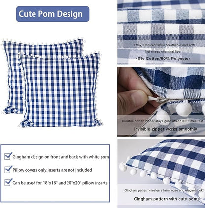 HOPLEE Farmhouse Gingham Pillow Covers Navy Blue Pillow Covers 18x18 Farmhouse - Image 4