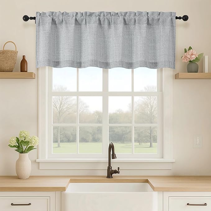 OVZME Grey Valance for Windows, Light Filtering Faux Linen Textured Small Short by OVZME