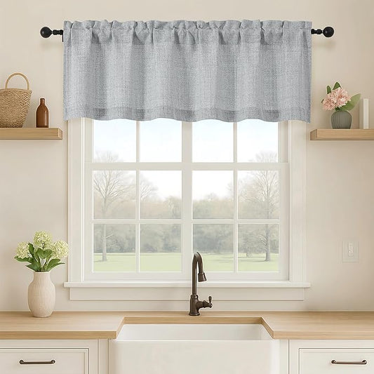 OVZME Grey Valance for Windows, Light Filtering Faux Linen Textured Small Short by OVZME