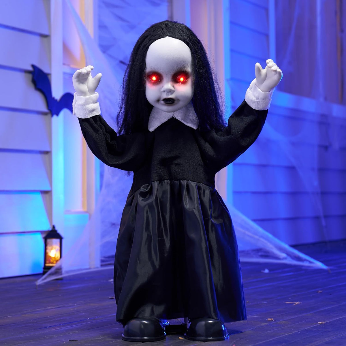 JOYIN Scary Halloween Decorations Outdoor, Black Zombie Girl Ghost Animatronics Decor with Sound Activated Sensor Glowing LED Eyes for Garden Lawn Yard Haunted House Terror Home Party Supplies