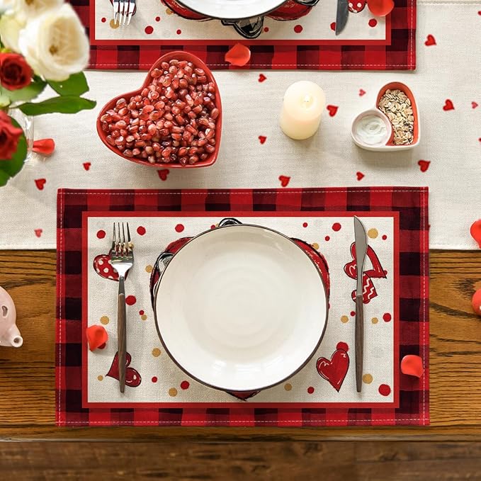 Artoid Mode Bow Tie Heart Valentine Placemats Set of 4, 12x18 Inch Seasonal Red - Image 2