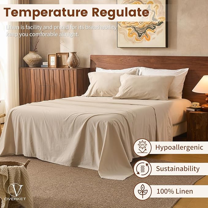 100% Linen Sheets Queen Size, Breathable & Durable 4-Piece Bed Flax Sheet Set - Image 5