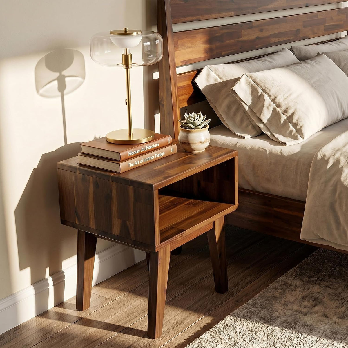 acacia serena nightstand solid wood nightstand with open shown in use