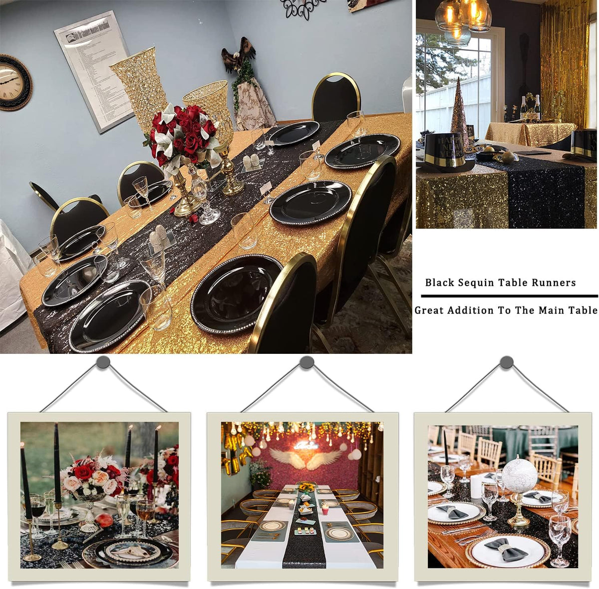 6 Pack Black Sequin Table Runner 12x108 Inch, High Density Sparkly Glitter Table Runners for Wedding Reception, Birthday Party, Banquet, Halloween, Black Metallic Shimmering Decor
