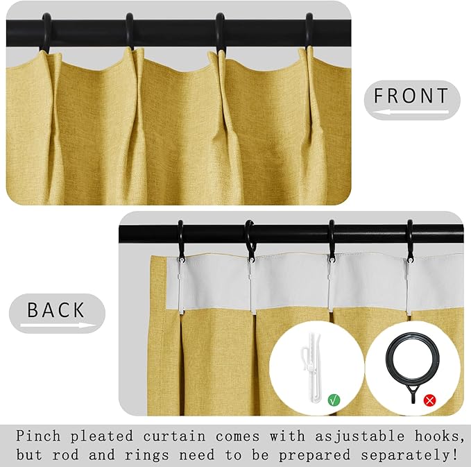Macochico Pinch Pleated 100% Blackout Curtains Yellow Linen Curtains - Image 4
