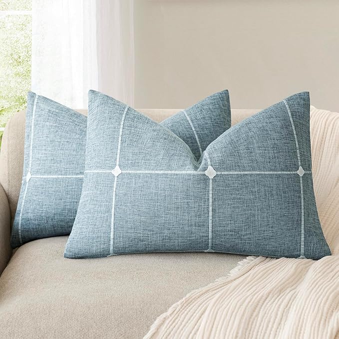 Foindtower Pack of 2 Decorative Faux Linen Jacquard Check Throw Pillow Covers by Foindtower