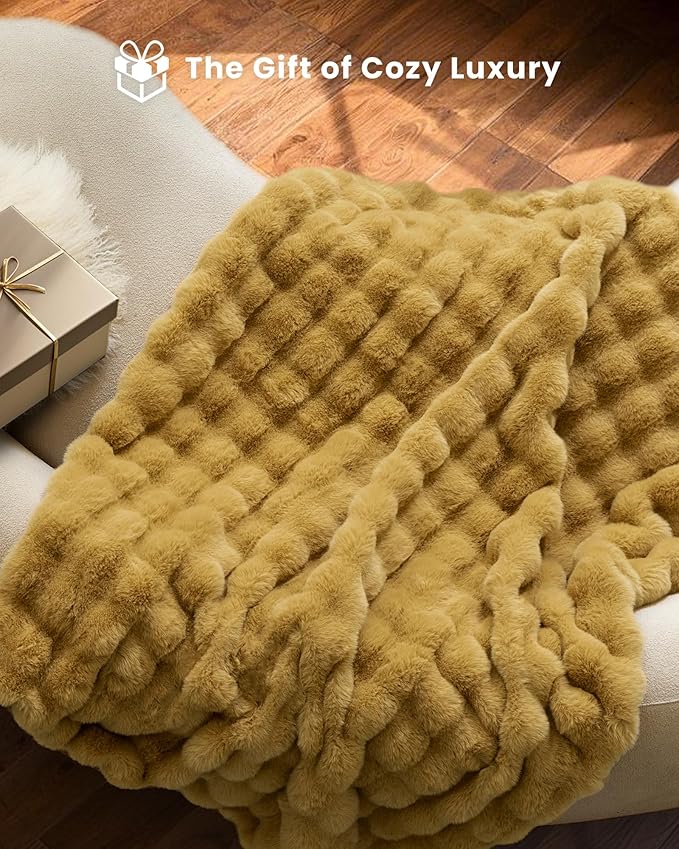 Ultra Soft Cozy Faux Fur Throw Blanket, Fuzzy Plush Thick Bubble Blanket - Image 5