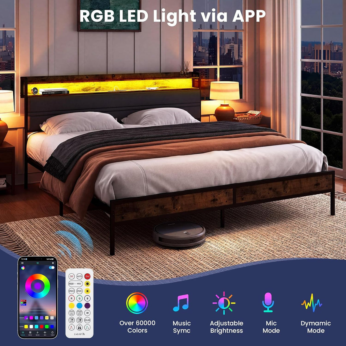 grusign queen size bed frame with led light, package contents