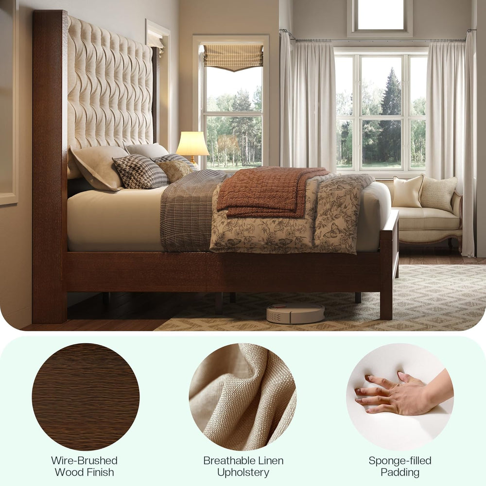 Jocisland Solid Wood King Size Bed Frame 57" Tall Wingback Headboard,Walnut