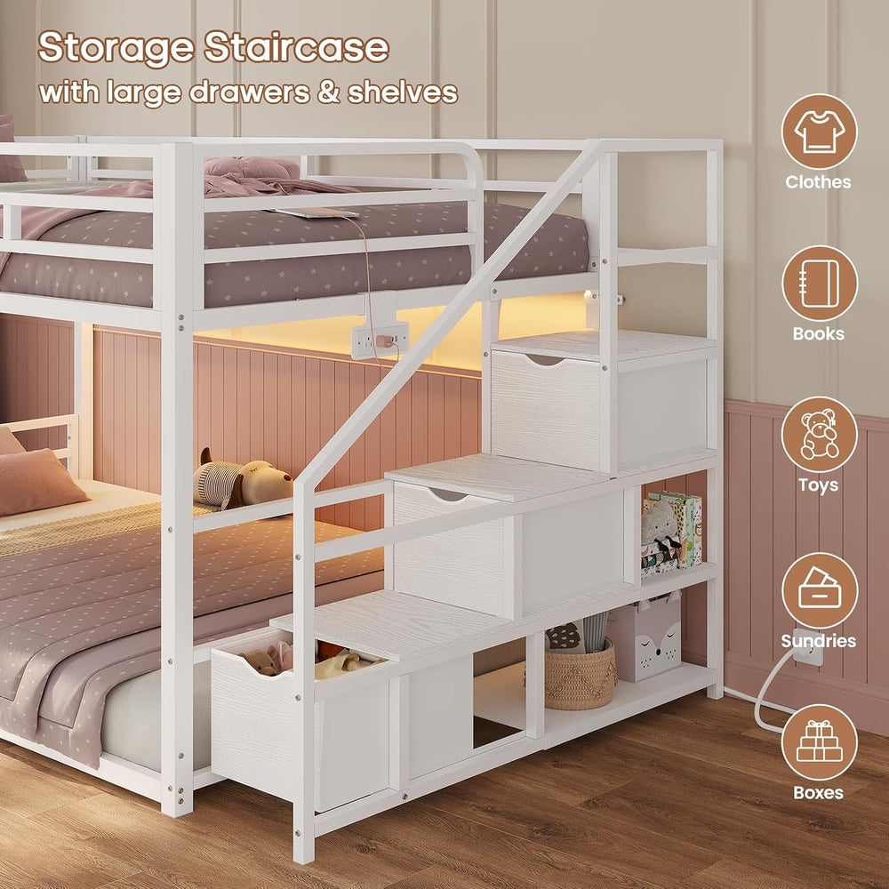 ADORNEVE Low Bunk Bed Twin Over Twin with Storage Stairs, White