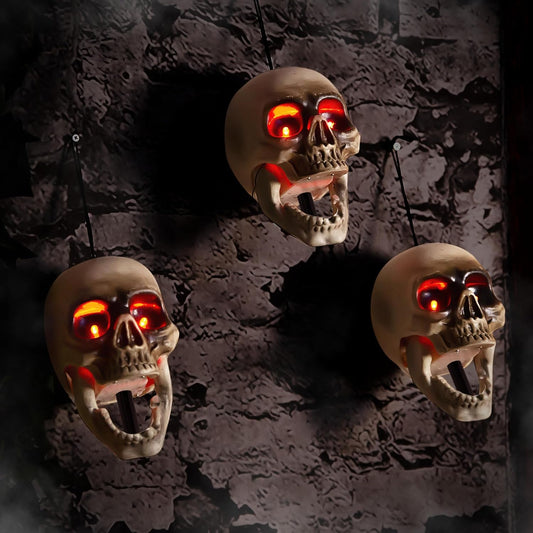 Halloween Animatronics Floating Scary Skull, Hanging Animated Decorations, Pathway Markers Skeleton with Sound Activated, Talking, Light Up Eyes, Haunted Horror Prop for Indoor, Outdoor (3Pack)
