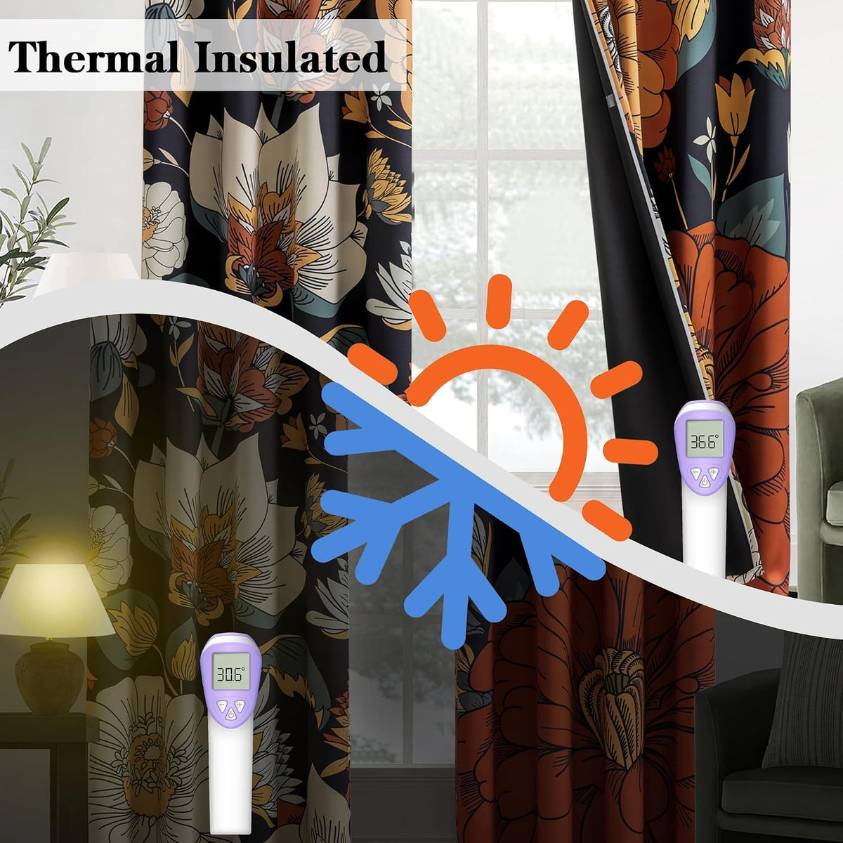 tyrot black boho floral grommet blackout curtains, 52w showing dimensions