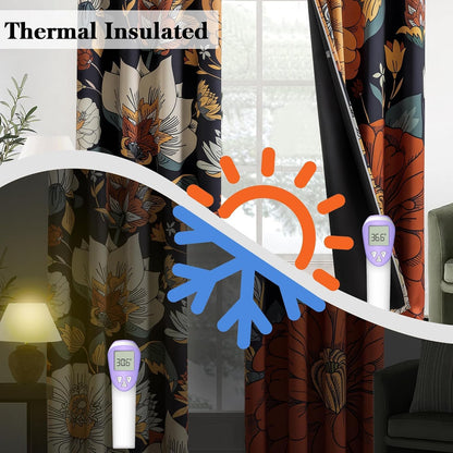 tyrot black boho floral grommet blackout curtains, 52w showing dimensions
