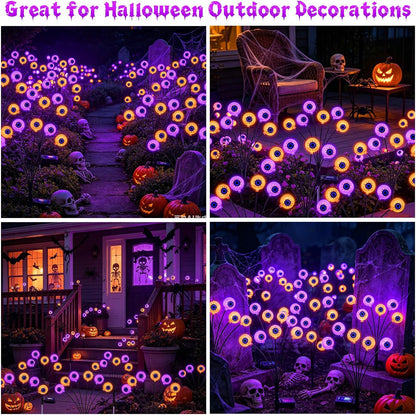 Halloween Decorations Outdoor, 4 Pack 24 LED Purple and Orange Solar Scary Eyeball Swaying Lights, Solar Firefly Light Waterproof Outdoor Lights for Halloween Yard Garden Party
