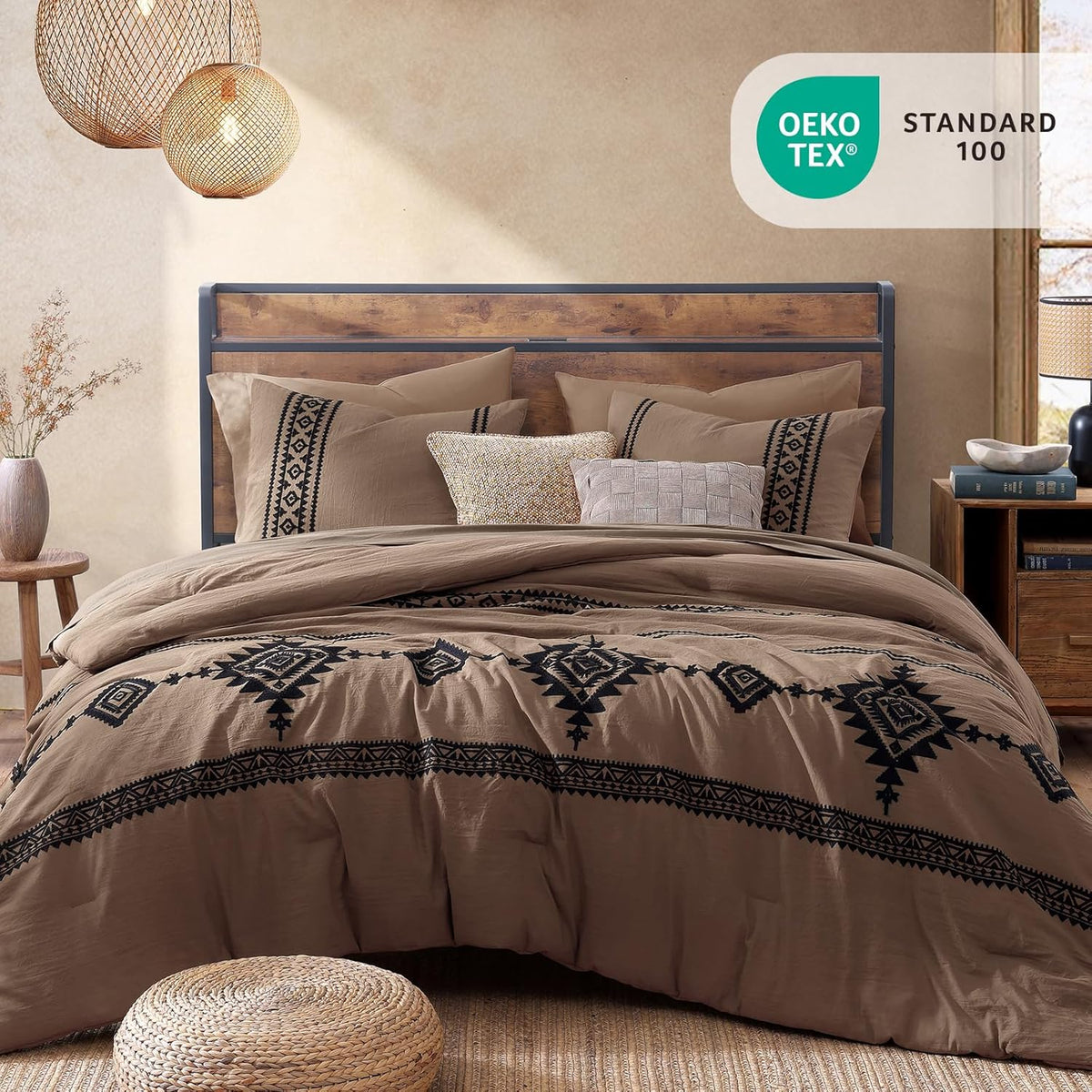 mairêve embroidery queen comforter set 7 pieces brown shown in use