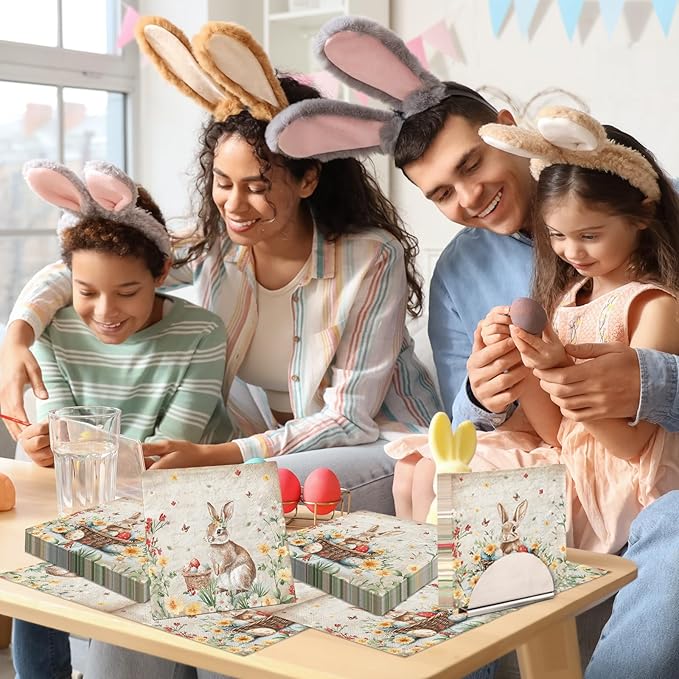 40Pcs Easter Paper Napkins, Easter Party Decoration Retro Easter Bunny Party - Image 4