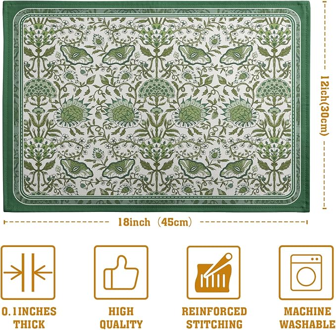 Green Floral Boho Placemats Set of 4, 12x18 Inch Vintage Chinoiserie Block - Image 3