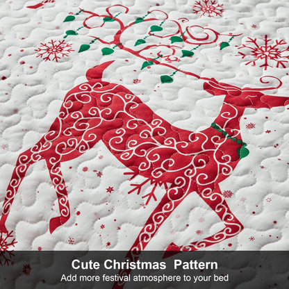 hansleep christmas bedspread king size, red reindeer quilt, close-up detail