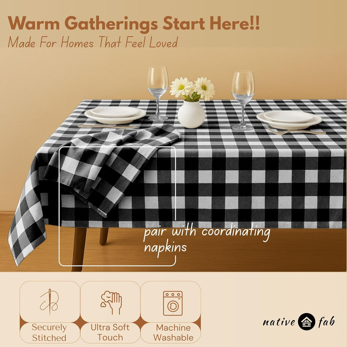 Native Fab Buffalo Check Tablecloth, 100% Cotton, 60x102 Inches, Classic Farmhouse Dining Table Cover, Perfect for Weddings, Halloween, Holiday Gatherings, Indoor Outdoor Décor, Black and White