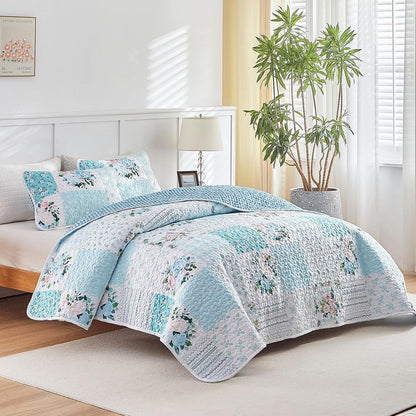 joyreap 3 pieces floral patchwork quilt set queen shown in use