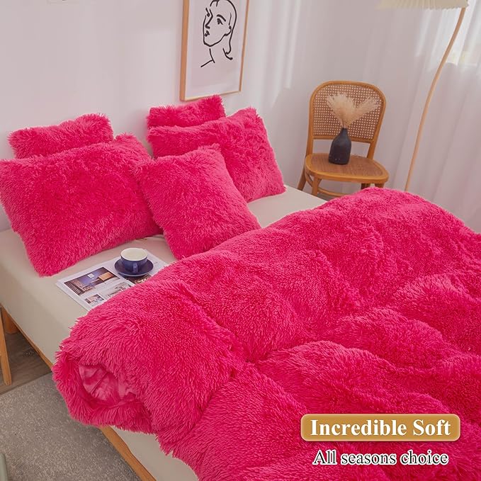 XeGe Faux Fur Fluffy Pillow Cases, Soft Plush Shaggy Furry Hot Pink Pillowcases - Image 5