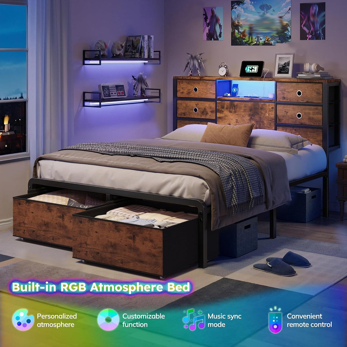 homkdom full size bed frame with 8 drawers, side view