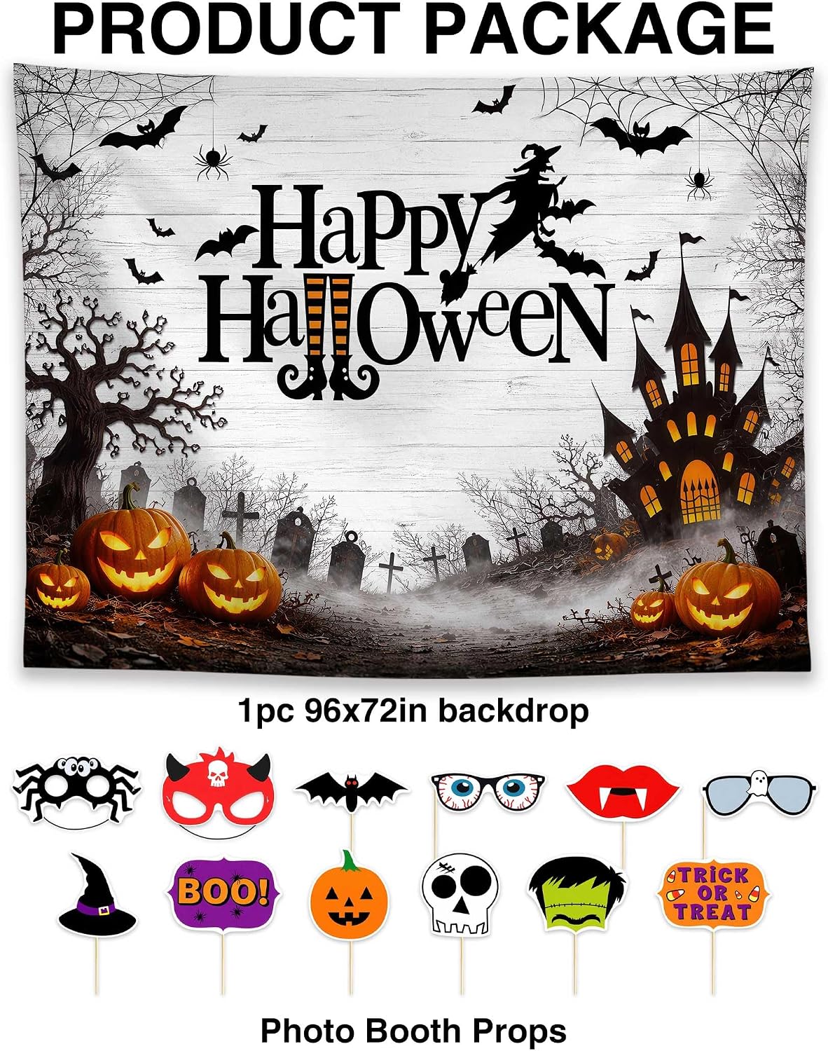 Allenjoy 96" x 72" Happy Halloween Photography Backdrop with Photo Booth Props, Party Decorations, Supplies and Favors
