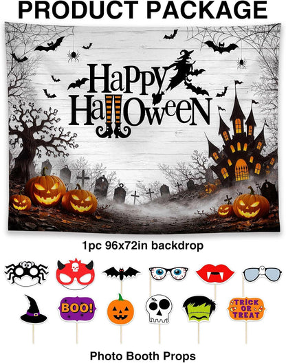 Allenjoy 96" x 72" Happy Halloween Photography Backdrop with Photo Booth Props, Party Decorations, Supplies and Favors