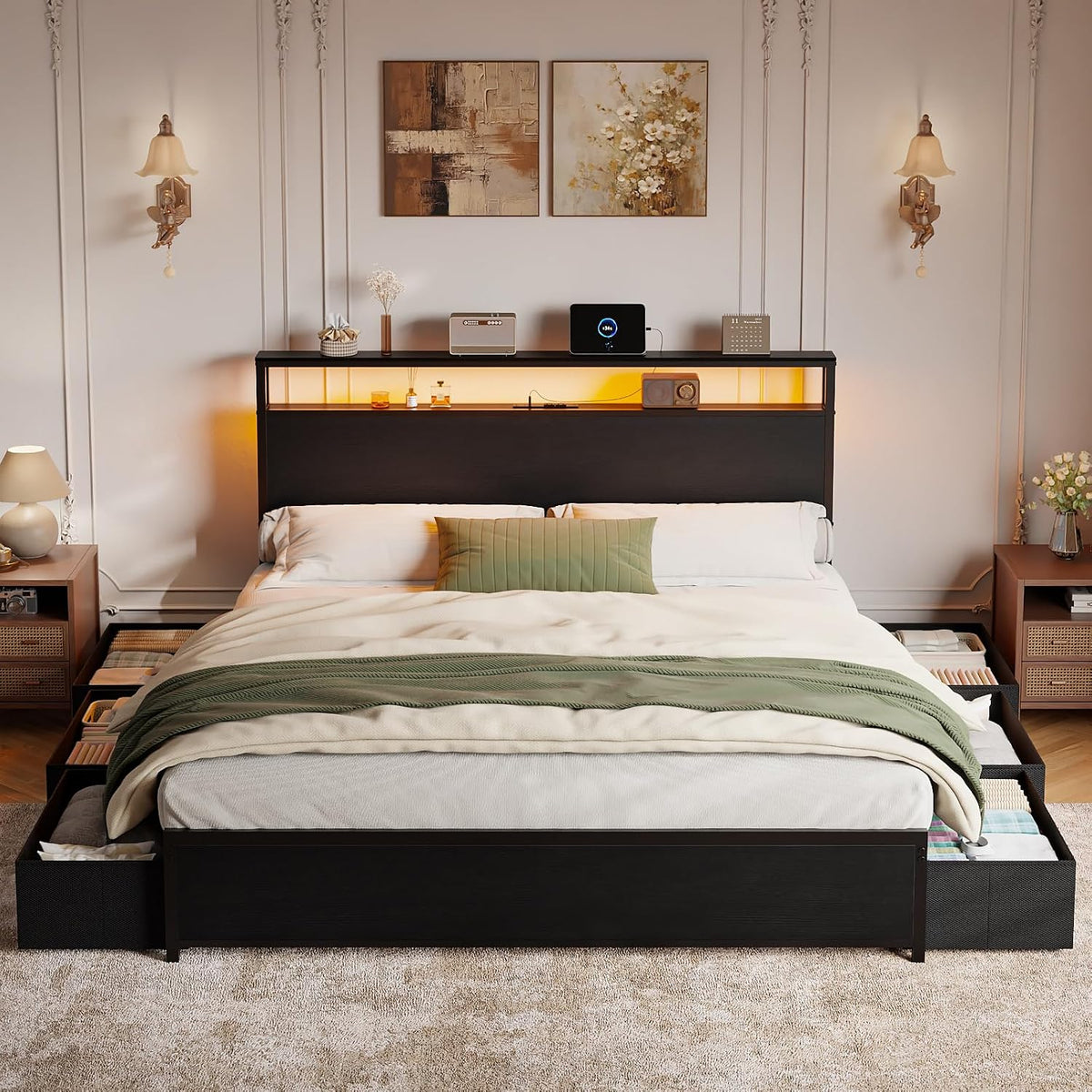 forestell queen bed frame with 2-tier storage headboard, close-up detail