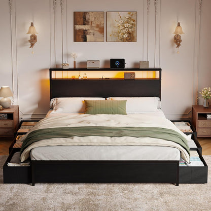 forestell queen bed frame with 2-tier storage headboard, close-up detail