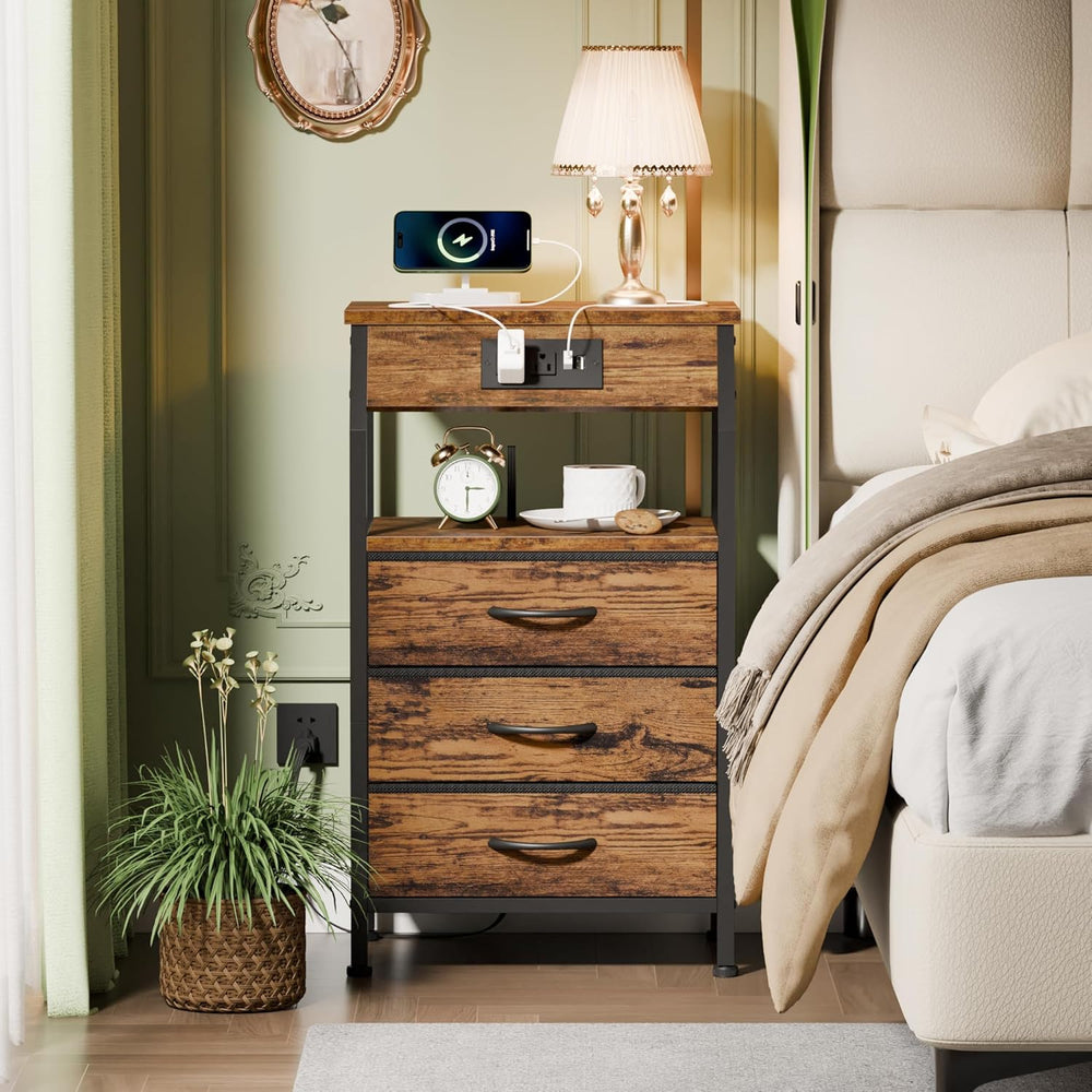 Furnulem Night Stand with Charging Station, 3 Fabric Drawers Bedside Table