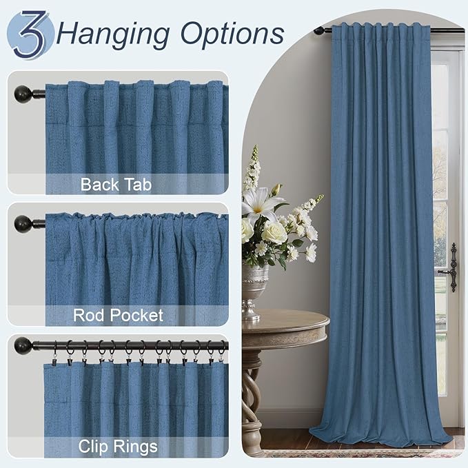Denim Blue Back Tab Blackout Curtains 108 Inches Long 2 Panel Set Cotton Linen - Image 6